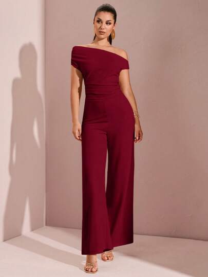 SHEIN BAE 女式不对称褶皱阔腿连体裤，适合春夏季度假、海滩、泳池派对、庆典、约会之夜、外出