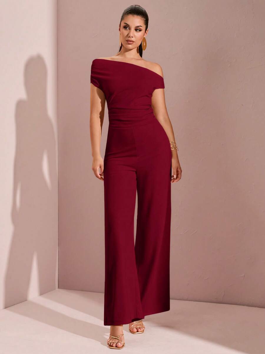 SHEIN BAE 女式不对称褶皱阔腿连体裤，适合春夏季度假、海滩、泳池派对、庆典、约会之夜、外出 - 酒紅色 - 查看 1