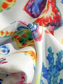 Swim Mod 2pcs/Set Summer Holiday Random Graphic Print Spaghetti Strap Bandeau Top And Bikini Bottom Sexy Women Swimwear - Multicolor - View 3