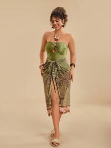 Travachic Plus Size Tropical Summer Beachwear Halter Hollow-Out Swimwear + Plant Print Tie Bow Sheer Sarong Swimwear Set For Women Country Concert Outfit - Green - View 3