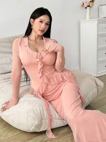 Modelyn Women's Elegant 2 Pieces Set: Mesh Ruffle Trim Blouse + Mesh Pleated Skirt, Suitable For Dates - Pink - View 4