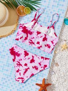 Tween Girls Tie-Dye Heart Print Casual Simple Tank Top And Triangle Bikini Swimwear Set, Suitable For Summer - Multicolor - View 2