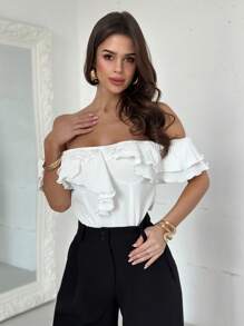 Firerie Blus Wanita Elegan, Halus, Romantis, Model Bahu Terbuka dengan Ruffle, Pas Badan, Cocok untuk Sehari-hari, Pernikahan, Pesta, Liburan, Musim Semi/Panas, Warna Aprikot - Aprikot - View 7