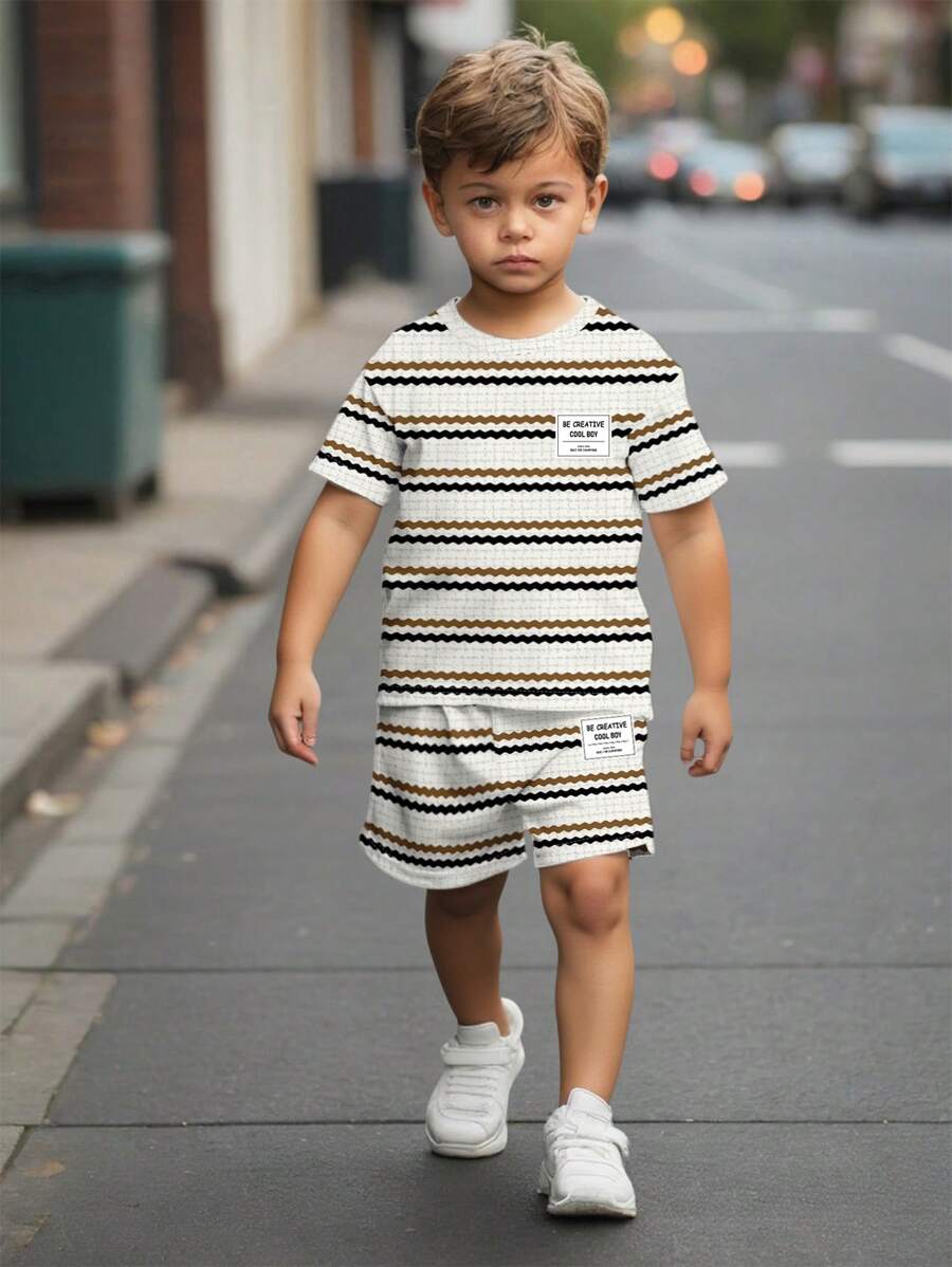 SHEIN Leap Crew 2pcs/Set Young Boy Casual Striped Pattern Round Neck Short Sleeve T-Shirt And Shorts, Suitable For Summer - Multicolor - View 1