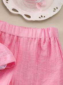 Baby Girls Ruffle Outfit, Summer New Solid Color Sweet Top + Casual Pants Set - Dusty Pink - View 6