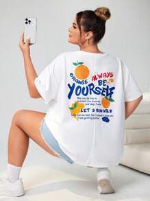 SHEIN CURVE+ Plus Size Casual Orange Graffiti English Print White T-Shirts, Relaxed Simple Graphics Round Neck Short Sleeve Super Loose Women Tee, Suitable For Summer - White - View 1