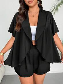 Flirla Plus Size Women Solid Collarless Short Sleeve Jacket And Shorts Casual Suit Set - Black - View 1