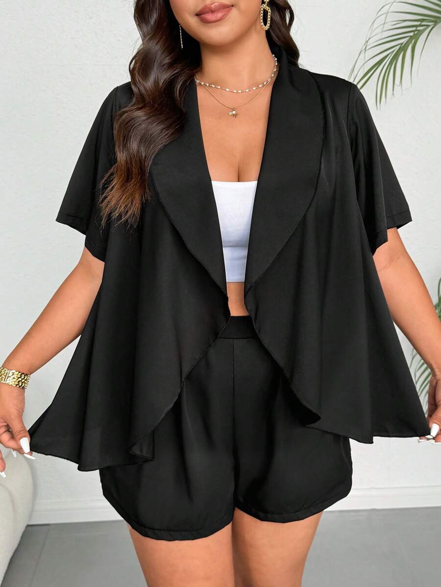 Flirla Plus Size Women Solid Collarless Short Sleeve Jacket And Shorts Casual Suit Set - Black - View 1