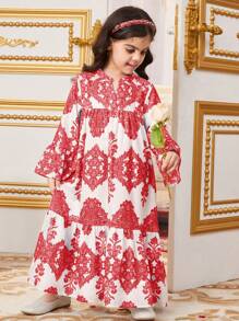 SHEIN Young Girl Loose Casual Mid-Length Geometric Pattern Dress - Red - View 3