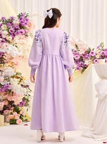 SHEIN 少女編織花卉印花v領收縮泡袖連衣裙 - 淡紫色 - 查看 2