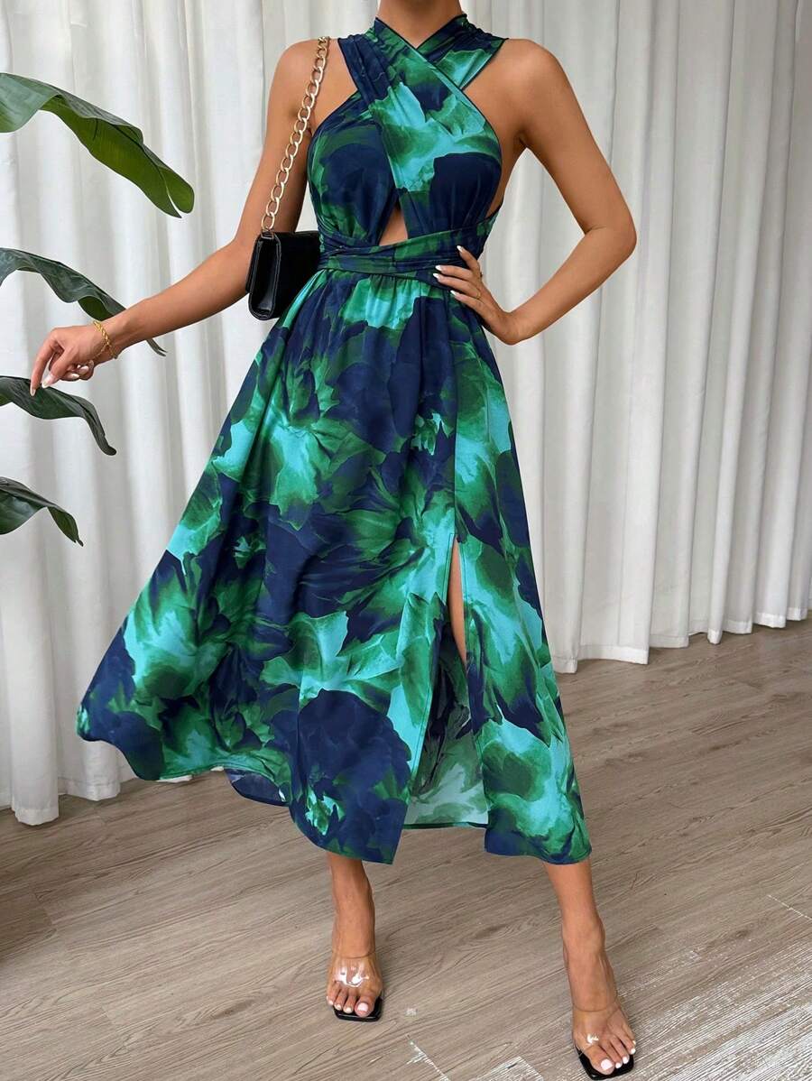SHEIN Clasi Plus Size Women's Summer Backless Halter Split Dress, Vacation Resort Style - Dark Green - View 1