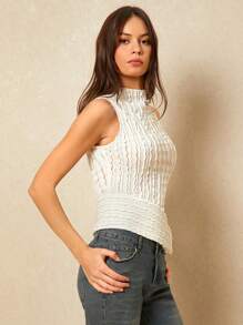 Poéselle Women's Elegant Off-White Textured Stand Collar Asymmetric Hem Fitted Tank Top,Summer Knit Top For Brunch,Effortless Style Everyday Wear - Apricot - View 7