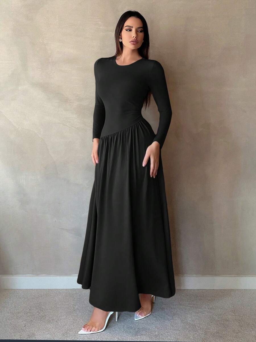 SHEIN Tall 荷葉邊下擺長袖洋裝,女款簡約時尚純色修身夏季長洋裝,適合高個女性 - 黑色 - 查看 1