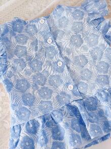 Set de 2 piezas compuesto por blusa jacquard de cuello cuadrado y manga corta elegante para niña joven, y shorts jacquard de cintura elástica y pierna recta