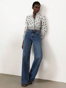 Aveloria Modichic 2025 春夏优雅法式浪漫蓝白撞色水彩波点 V 领条纹拼布修身女士长袖衬衫 - 黑與白 - 查看 4