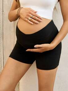 SHEIN Adjustable Waist Solid Color Maternity Leggings, Fitted Spring Women's Clothing Cycling Shorts