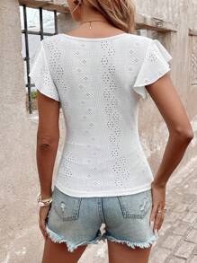 SHEIN LUNE 白色针织提花盖袖女式T恤，浪漫清新可爱夏季上衣，欧洲夏季蕾丝钩针上衣，Fairycore老钱风格女装 - 白色 - 查看 2