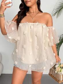 Flirla Camisa informal de gasa blanca con hombros descubiertos y decorado con pompones, adecuada para uso diario en primavera/verano, tallas grandes - Blanco - Ver 4