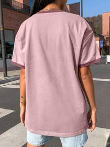 DAZY 标语图案撞色饰边落肩 T 恤，活力十足 - 粉色 - 查看 2
