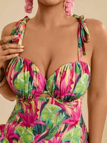 Travachic Plus Size Tropical Floral Print Colorful Shoulder Tie Strap Princess Style One-Piece Swimsuit With Ruffle Hem, Slimming