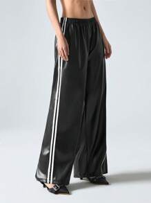 LYSMO Women's Fall Contrast Color Ribbon Striped Leather Sports Trousers Back To School Season Clothing