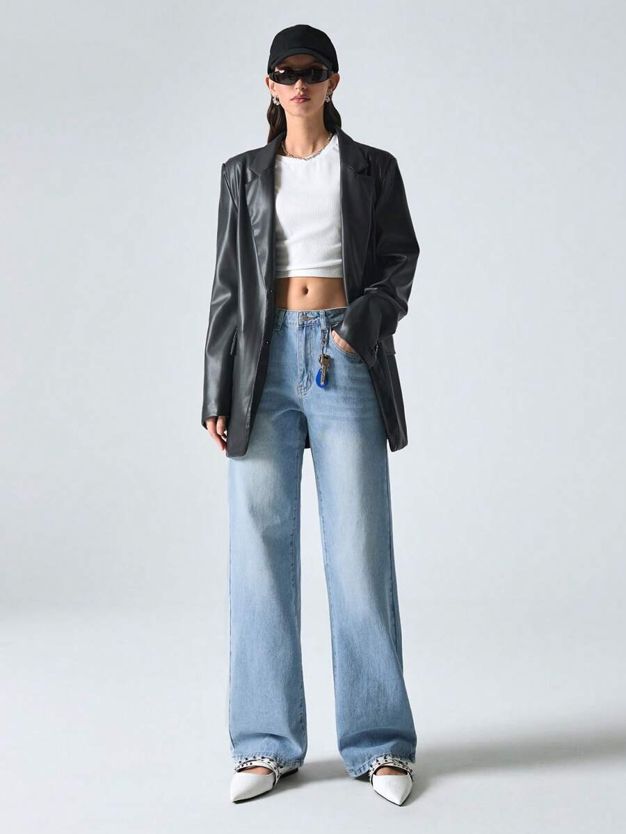 LYSMO Pantalones vaqueros para mujer de uso diario, de unicolor y diseño simple - Lavado ligero - Ver 1