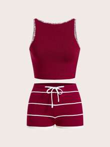 Easelle Ensemble d'été pour femme sans manches, top tricoté fendu et shorts tricotés - Rouge foncé - Voir 3