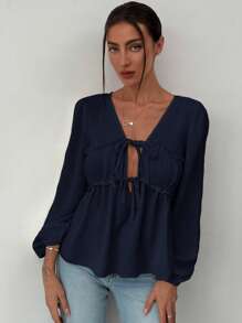 Aloruh Blusa suelta para mujer con cuello en V, mangas abullonadas, acabado con volantes y cierre delantero en nudo, para una cita romántica