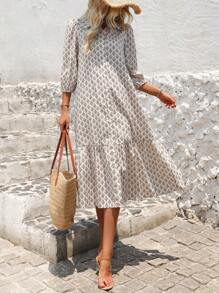 SHEIN LUNE Printed Lantern Sleeve Dress Maxi Women Outfit - Multicolor - View 5