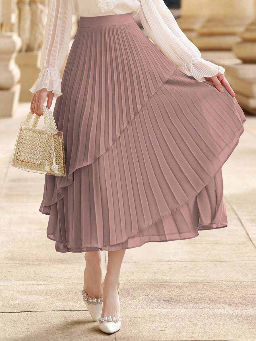 DAZY Office Wear Solid Color Pleated Ruffle Hem Women Skirt - Dusty Pink - View 1