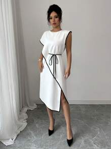 Elenzga 2025秋季新款法式极简连衣裙，宽松优雅高端不对称系带腰连衣裙，适合约会、郊游、度假、花园、家庭聚会、劳动节、节假日、独立日、返校、教师装、万圣节、感恩节