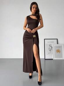 SHEIN Privé Đầm ôm sát không tay xếp ly thời trang lãng mạn thanh lịch cho nữ công sở/đi làm, gợi cảm, thích hợp cho tiệc tùng, kỳ nghỉ, trở lại trường, hẹn hò lãng mạn, đám cưới, sinh nhật, lễ tình nhân, tiệc tùng - màu nâu - Xem 5