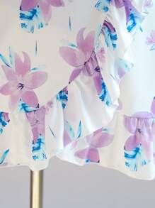SHEIN 2pcs Tween Girl Floral Print Spaghetti Strap Top And Ruffle Hem Bowknot Skirt Set, Purple - Yellow - View 7