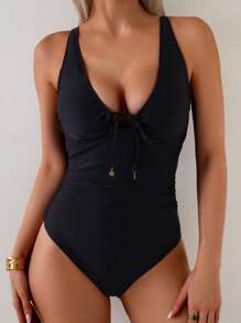 SHEIN Swim 1pc Women Plain Front Tie Ruched One-Piece Sexy Swimsuit For Summer Beach Vacation