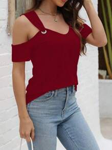 INAWLY 女士酒红色露肩 V 领短袖休闲 T 恤 - 酒紅色 - 查看 4
