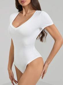 SHEIN Tall Casual Deep V-Neck Grey Bodysuit With Short Sleeves - White - View 6