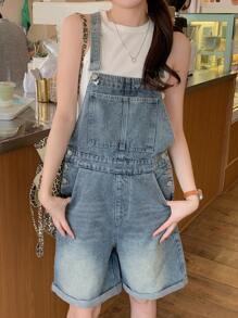 DAZY Women's Button Design Casual Denim Bib Overall Shorts With Pockets, Frayed Hems,Back To School Clothes