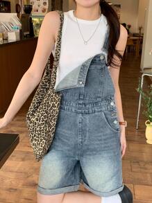 DAZY Women's Button Design Casual Denim Bib Overall Shorts With Pockets, Frayed Hems,Back To School Clothes