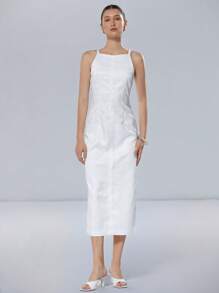 Aveloria Modichic White Feather Jacquard Textured Satin Fabric Women Elegant Romantic Minimalist Luxury Sleeveless Spaghetti Strap Dress, Suitable For Wedding Season