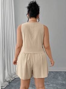 SHEIN Clasi Conjunto de 2 piezas de talla grande con top de tirantes de unicolor con cordón y shorts - Albaricoque - Ver 2