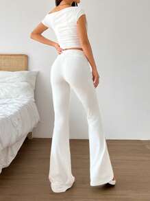 Comfortcana Women's Solid Color Asymmetric Neck Ruffle Cropped Top And Flared Pants Casual 2 Pieces Set - White - View 2