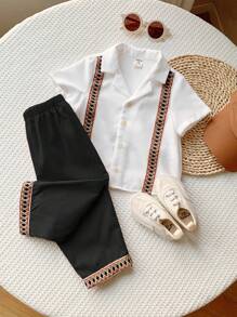 SHEIN 2 件套婴儿套装：条纹领短袖开衫上衣和松紧腰裤，适合男婴和女婴 - 黑與白 - 查看 5