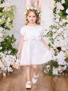 SHEIN Glamorique Kids Flower Young Girls Floral Puff Sleeve White Princess Mesh Dress, Perfect For Wedding, Holiday, Party, Birthday, Summer - White - View 3