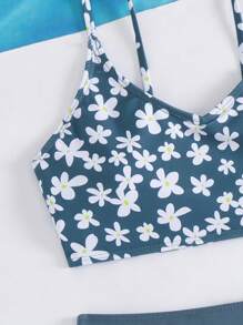 Tween 女童花卉印花海滩度假泳衣套装 - 深灰色 - 查看 3