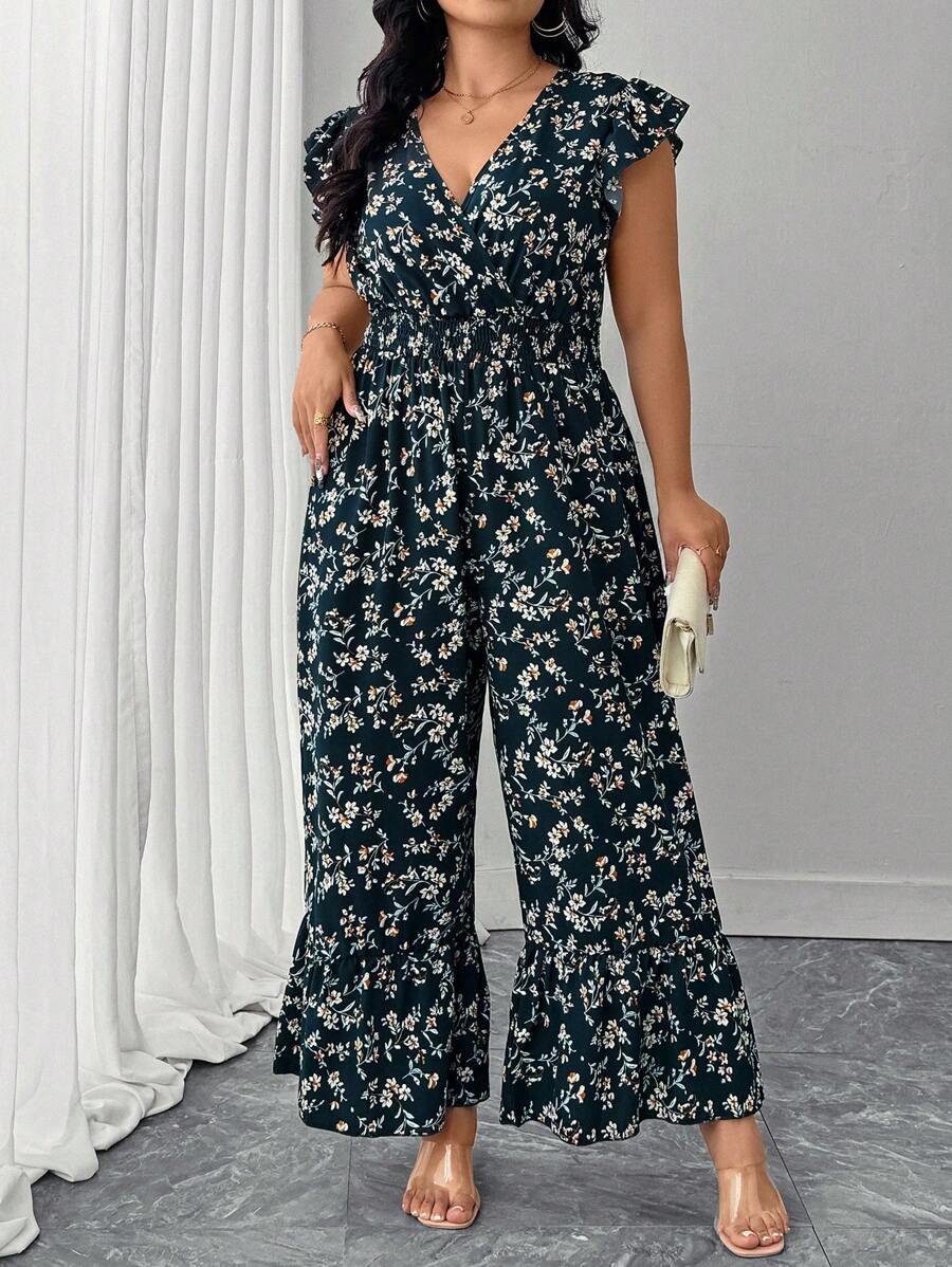 SHEIN LUNE 大码女式优雅 V 领盖袖裹腰褶皱波西米亚碎花宽松阔腿连体裤，休闲海滩度假装，适合春夏季 - 彩色 - 查看 1