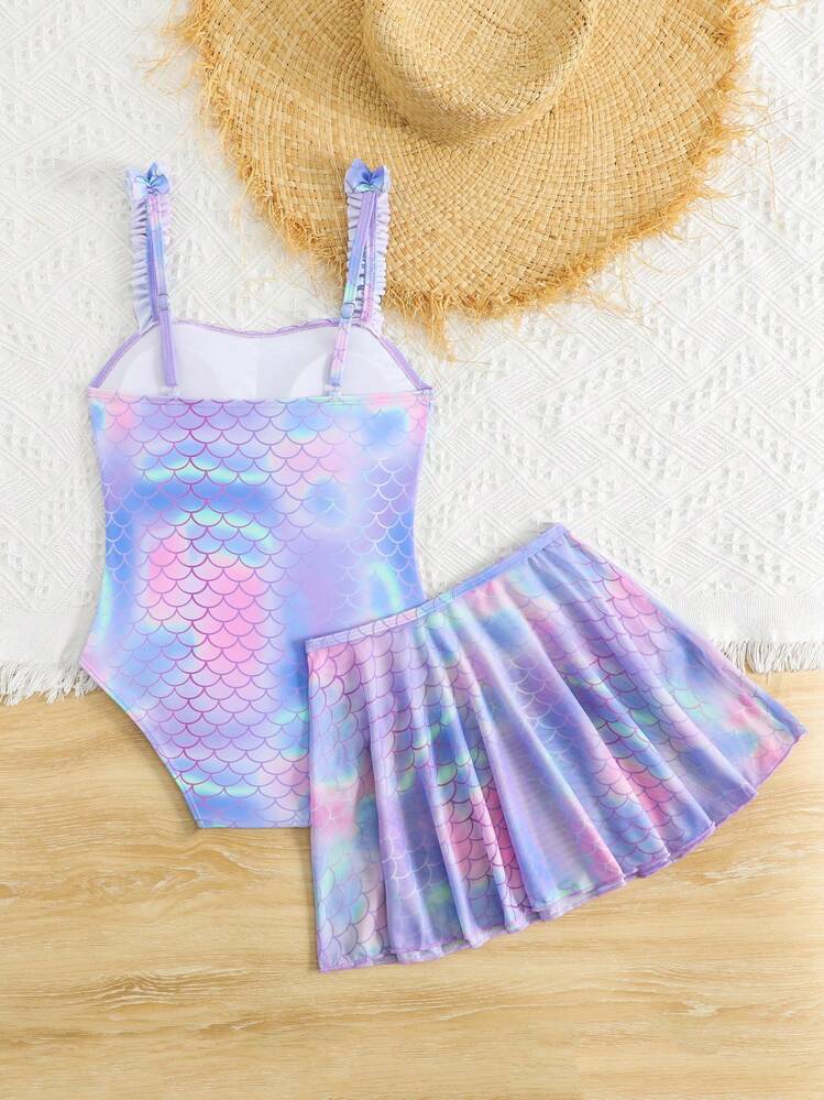 SHEIN Tween Girl Fish Scale Print One-Piece Swimsuit With Mesh Skirt - Multicolor - View 2