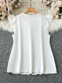 SHEIN LUNE Plus Size V-Neck Ruffle Trim Embroidered Casual Blouse, Suitable For Everyday Wear - White - View 2