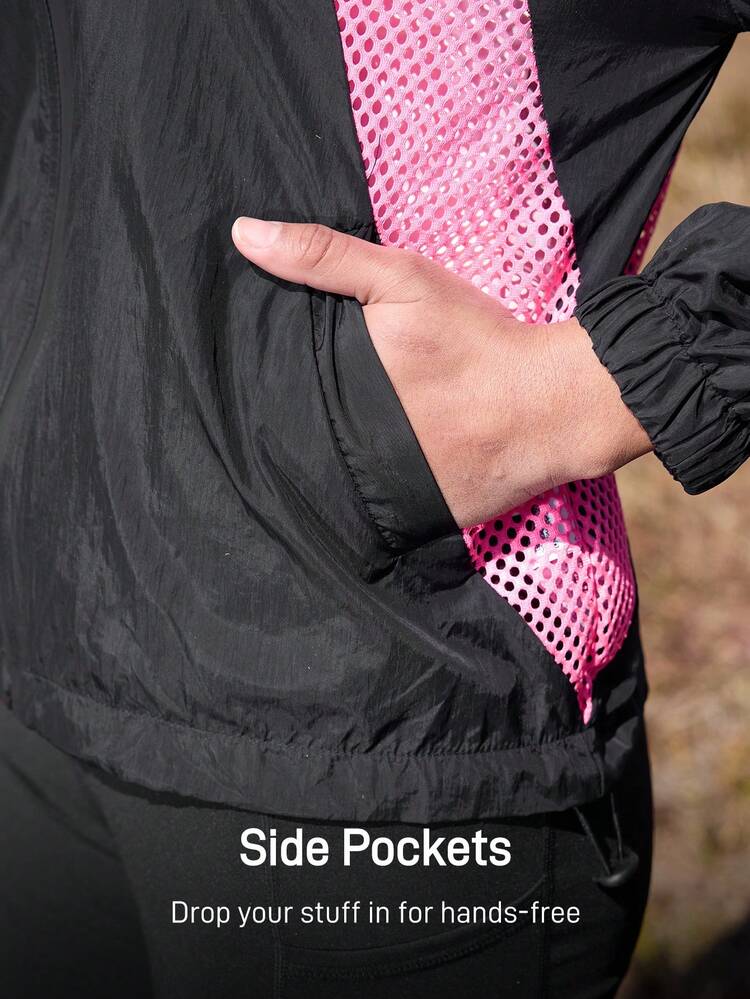 In My Nature 女式撞色长袖拉链领防晒夹克徒步旅行女装 - 黑色 - 查看 3