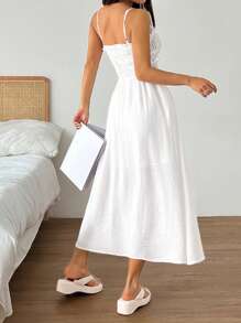 SHEIN EZwear Women's Solid Color Ruched Front Tie Pocketed Casual Midi Slip Dress - White - View 2