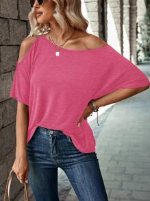 SHEIN LUNE Women Off-Shoulder Casual Loose Solid Color T-Shirt
